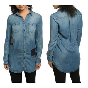 life in progress Blue Chambray Tunic Blouse Button-Up Patch Details Denim NEW